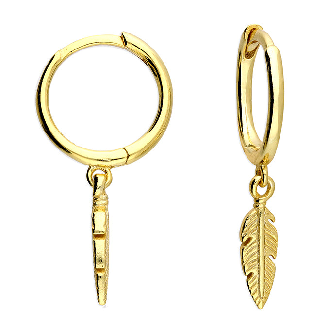 Yellow Gold-Plated Feather Charm on Hinged Huggie