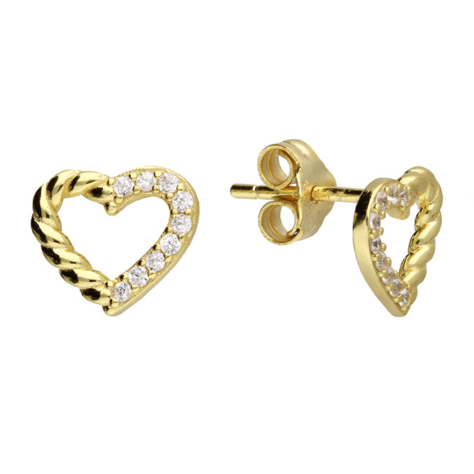 Yellow gold plated half cubic zirconia and half twist open heart stud