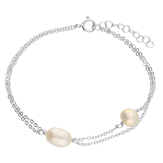 Teardrop and round freshwater pearls on a double chain bracelet