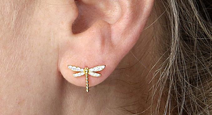 Yellow gold plated cubic zirconia dragonfly stud