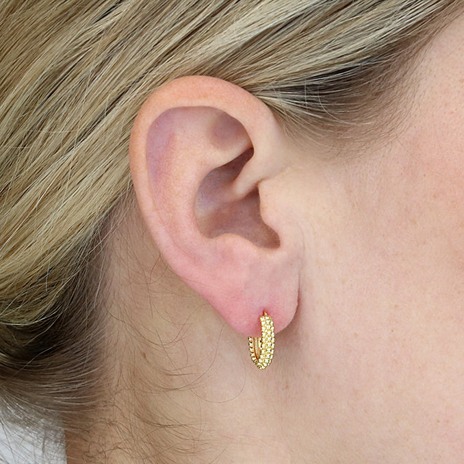 Yellow gold-plated 10mm U-shaped, triple beaded row top-hinged hoop with creole fitting
