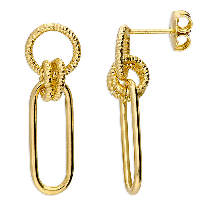 Yellow gold plated diamond cut circles with a plain paperclip stud drop