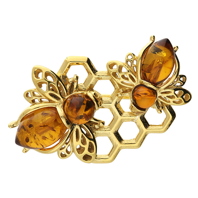 Gold Plated Large and Smaller Bees Broach on Honeycomb