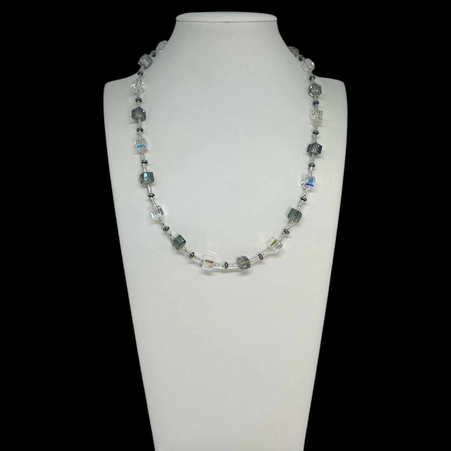 Crystal and Pale Grey Glass and Metal Necklace