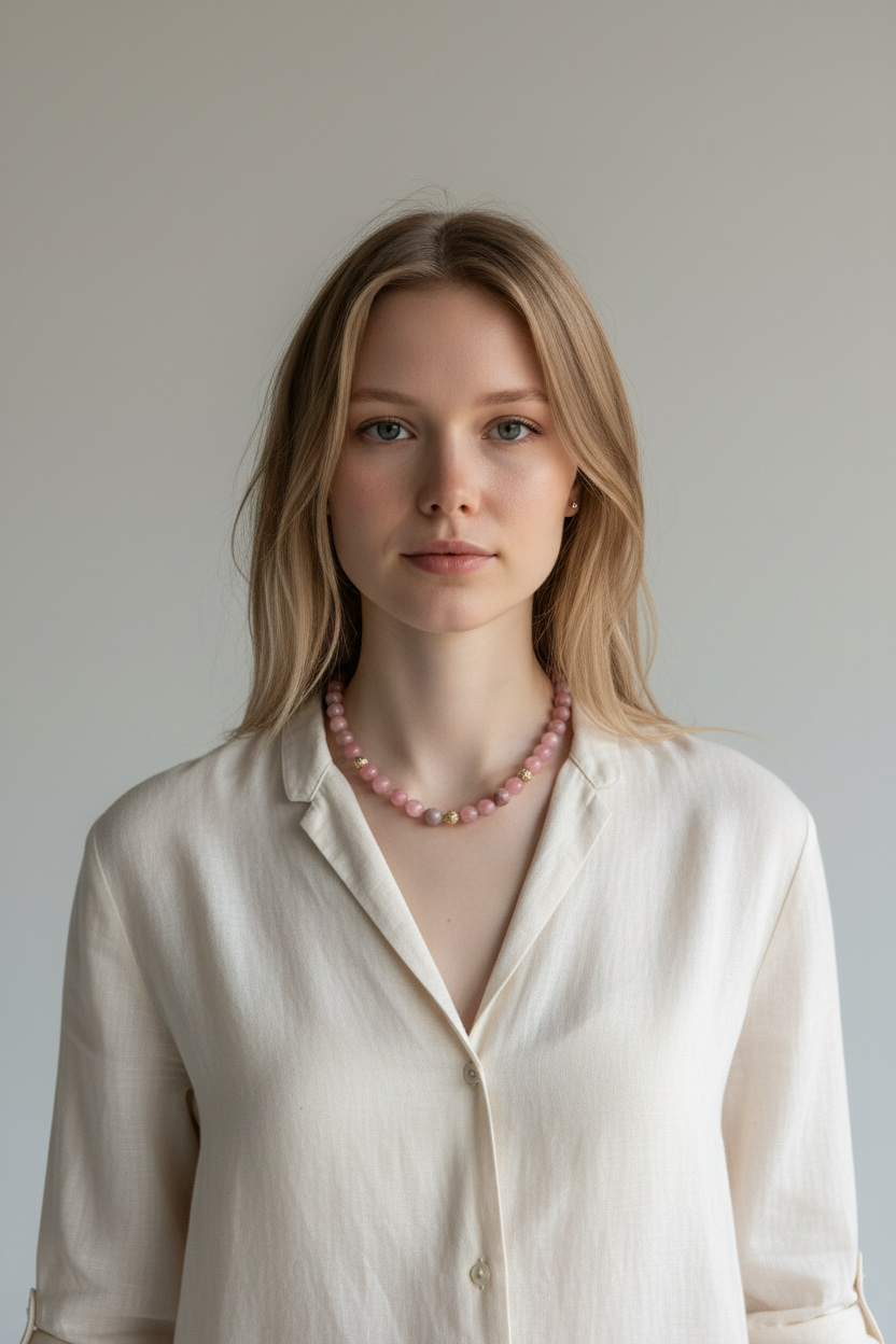 Pink Agate and Gold Lava Stone Beaded Necklace