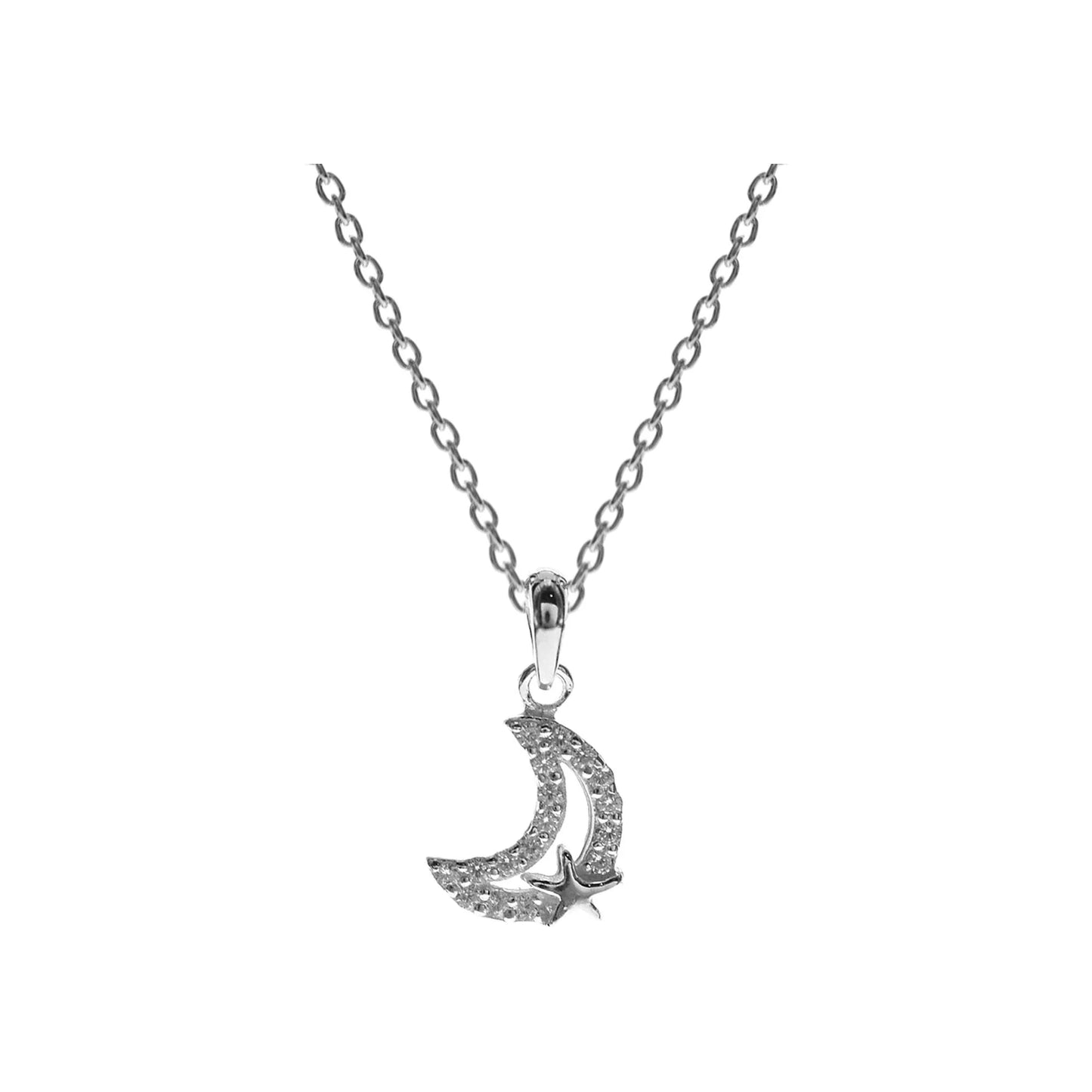 CZ Open Moon Necklace with Star Motif