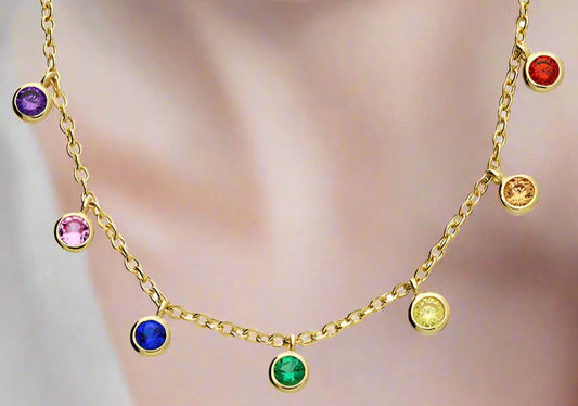 Yellow Gold-Plated Rainbow Rub Over Cubic Zirconia Droplet Necklace  (43-46cm)