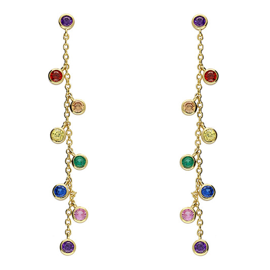 Yellow gold-plated rainbow rub over cubic zirconia droplets chain drop