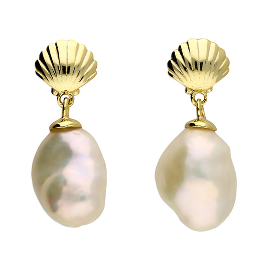 Gold plated shell stud with Keshi pearl drop