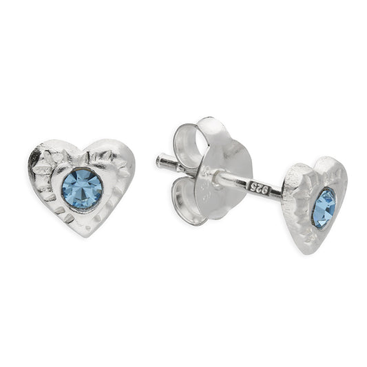 Small blue crystal textured heart stud