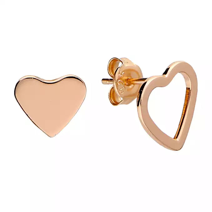 Sterling Silver Earring Rose Gold-plated Asymmetric Heart Outline Stud and Heart Stud