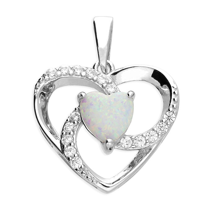 Opal and White Cubic Zirconia Open Swirl Heart