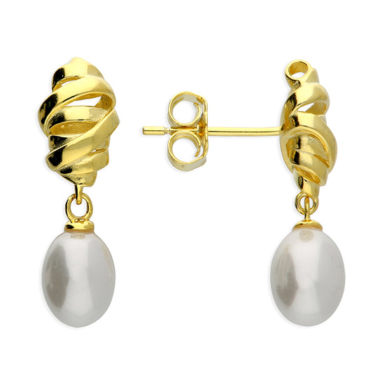 Yellow Gold-Plated Twist Studs with Synthetic Pearl