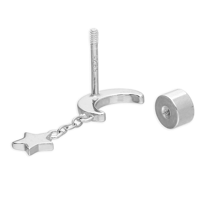 Sterling Silver Moon And Star Chain Labret Stud Earring