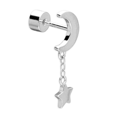 Sterling Silver Moon And Star Chain Labret Stud Earring